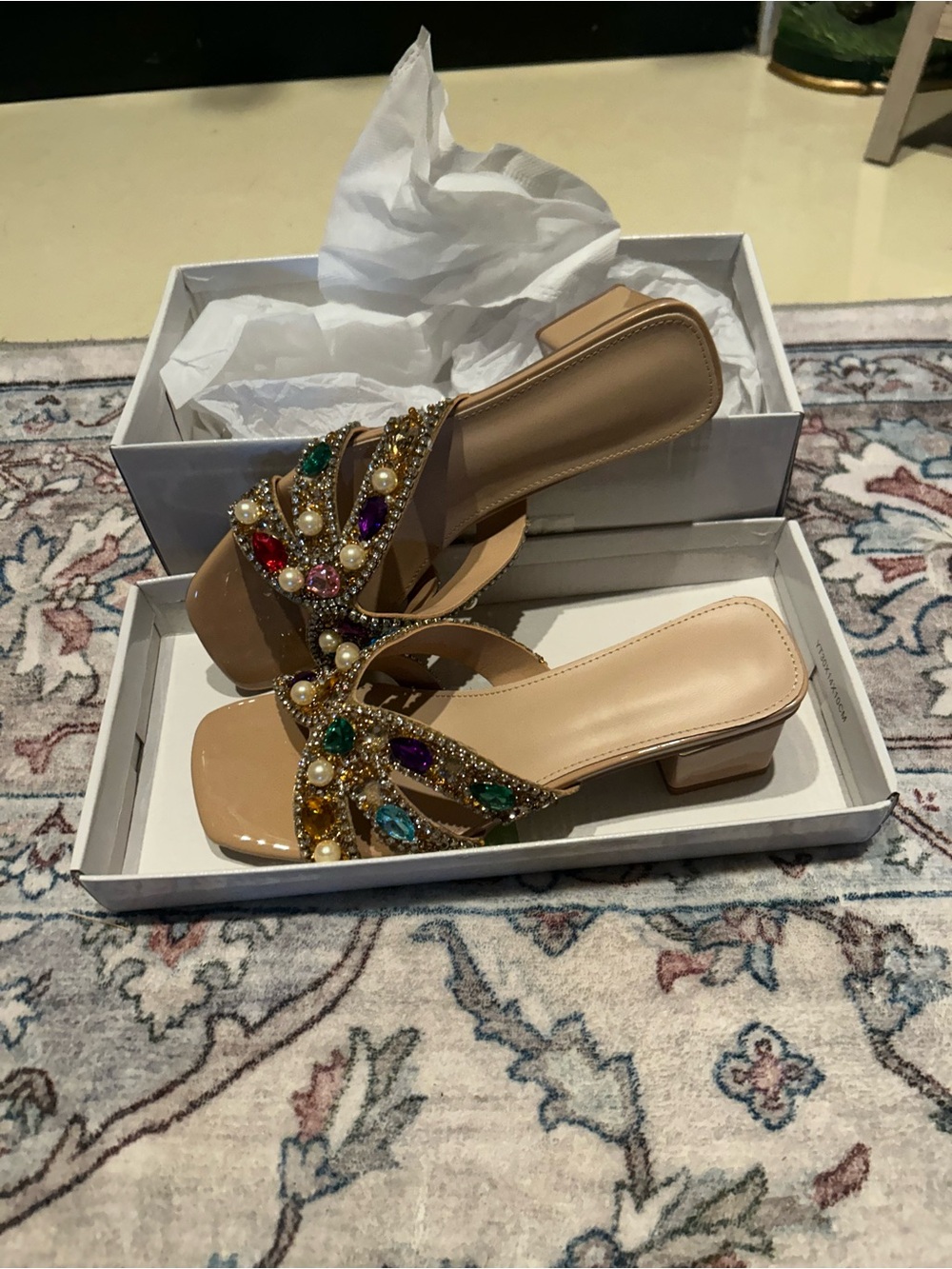 SHEIN Nude Jeweled Low Block Heel Slide Sandals